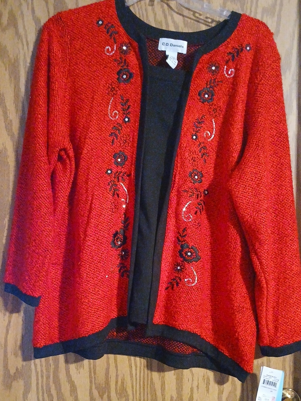 Red Embroidered Open-Front Cardigan
